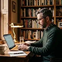 Kade Harmon writing at a desk beside bookshelves