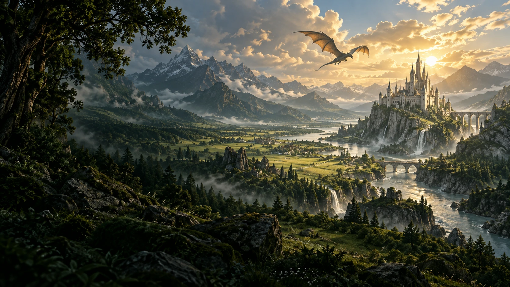 A dragon soars over a sunlit valley toward a castle above a winding river